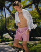 man in swim trunks and linen shirt