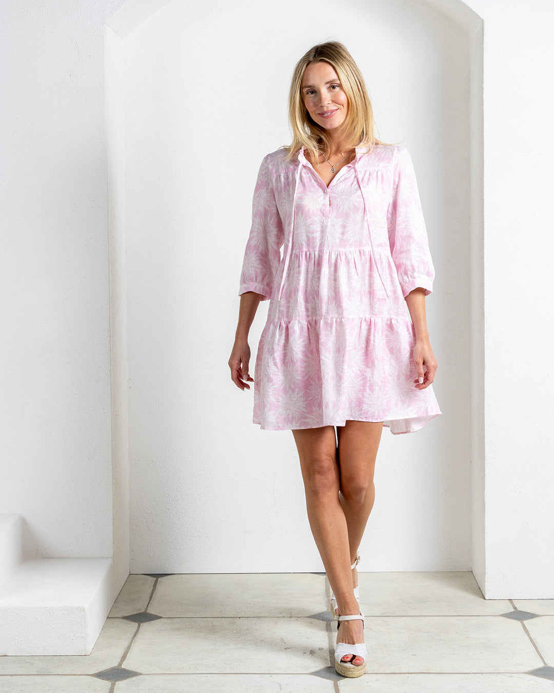 Women’s Amy short tiered linen dress in Agave pink – lightweight summer resort style by Pink House Mustique.