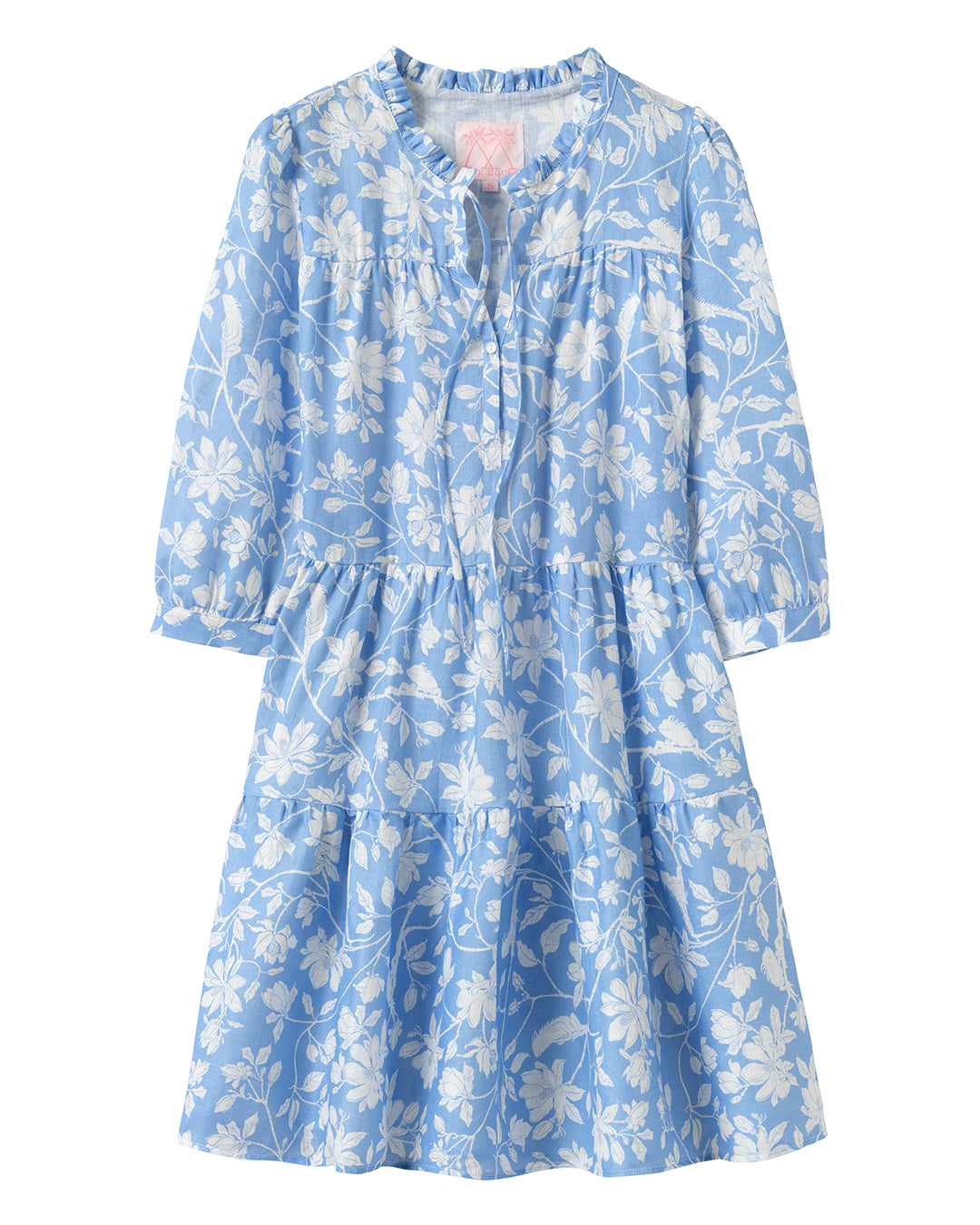 Women's blue Iguana print linen Amy tiered dress – breathable island style with floral pattern and ruffle collar detailing