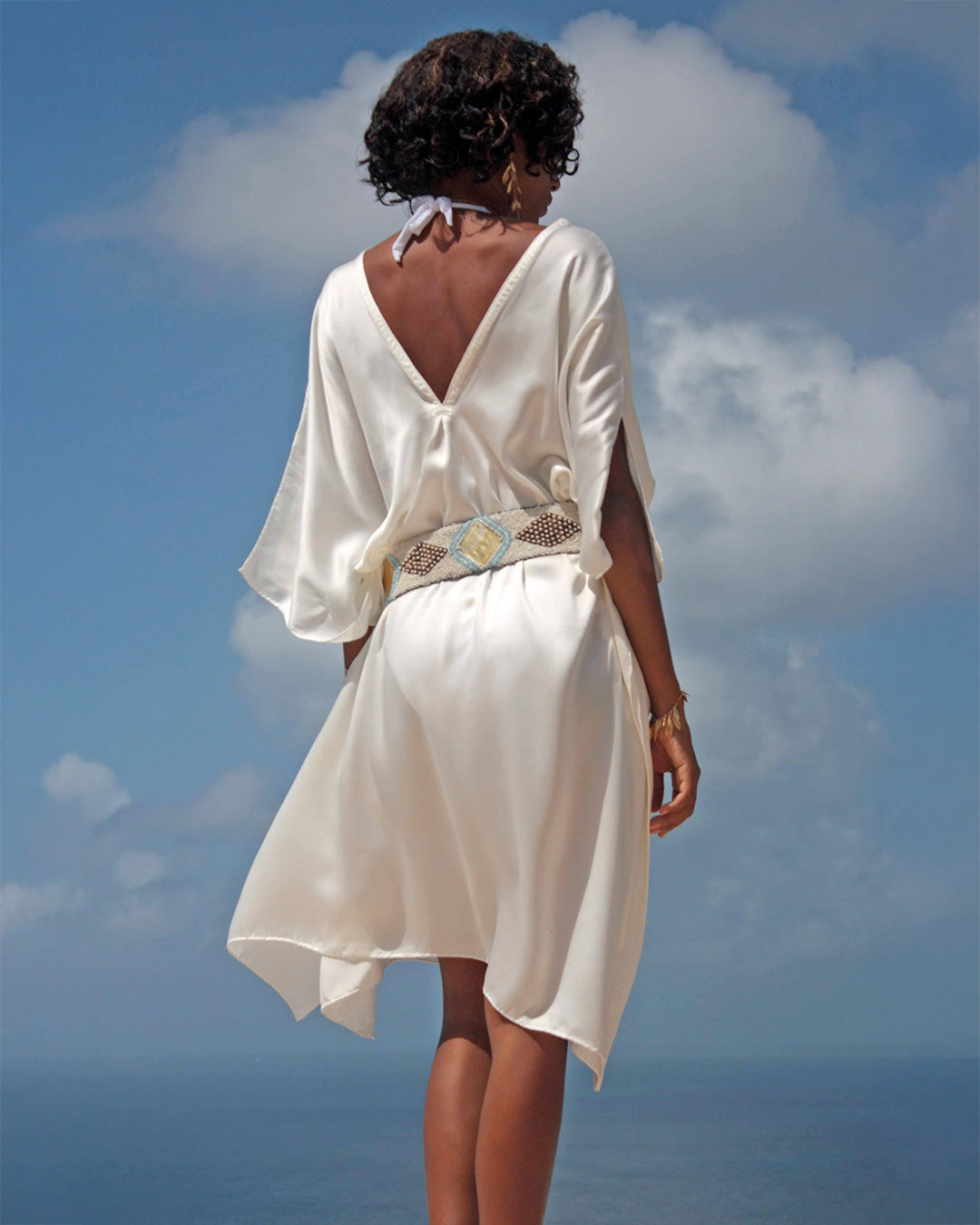 Back view of white silk charmeuse kaftan with beaded belt - luxury resort wear, beach cover-up, elegant summer dress