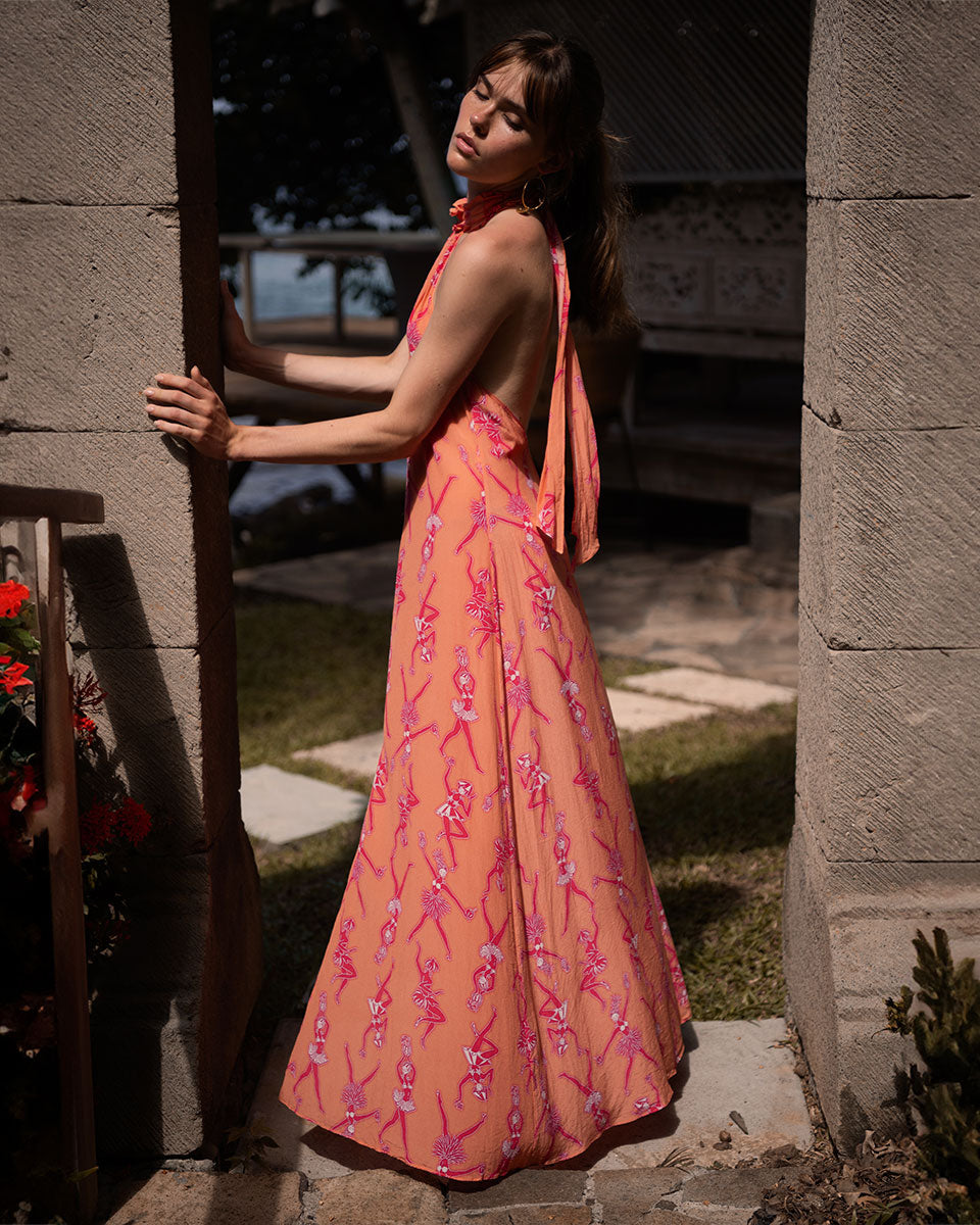 Long pure silk vacation dress in Fruit Punch sunset print by resortwear designer Lotty B