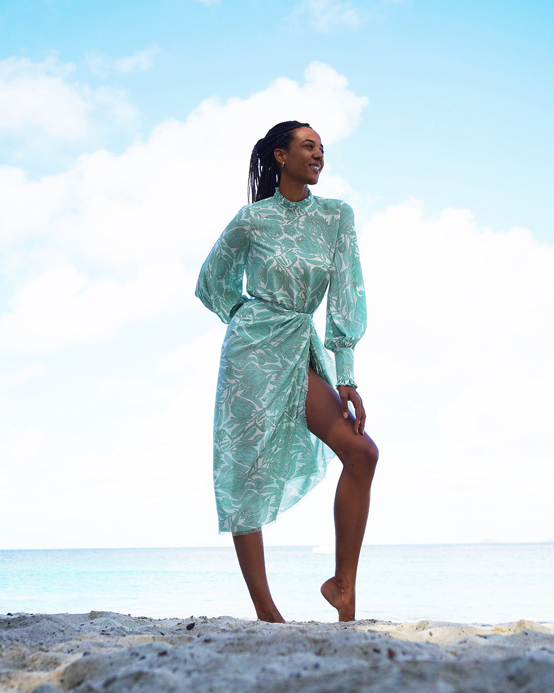 Pink House vacation style silk Kelly blouse in Protea sage green and white worn with matching crepe de Chine sarong by designer Lotty B for Pink House