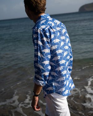 Mens Linen Holiday Shirt Blue Egret print by designer Lotty B Mustique