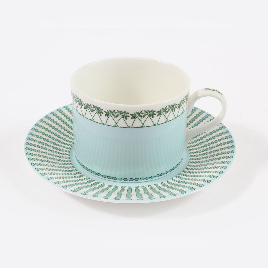 Fine bone china coffee cup and saucer set for 12 place settings (24 pieces) in Mustique Island green design by Lotty B