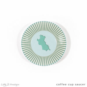 Fine bone china coffee cup saucer in Mustique Island green design by Lotty B