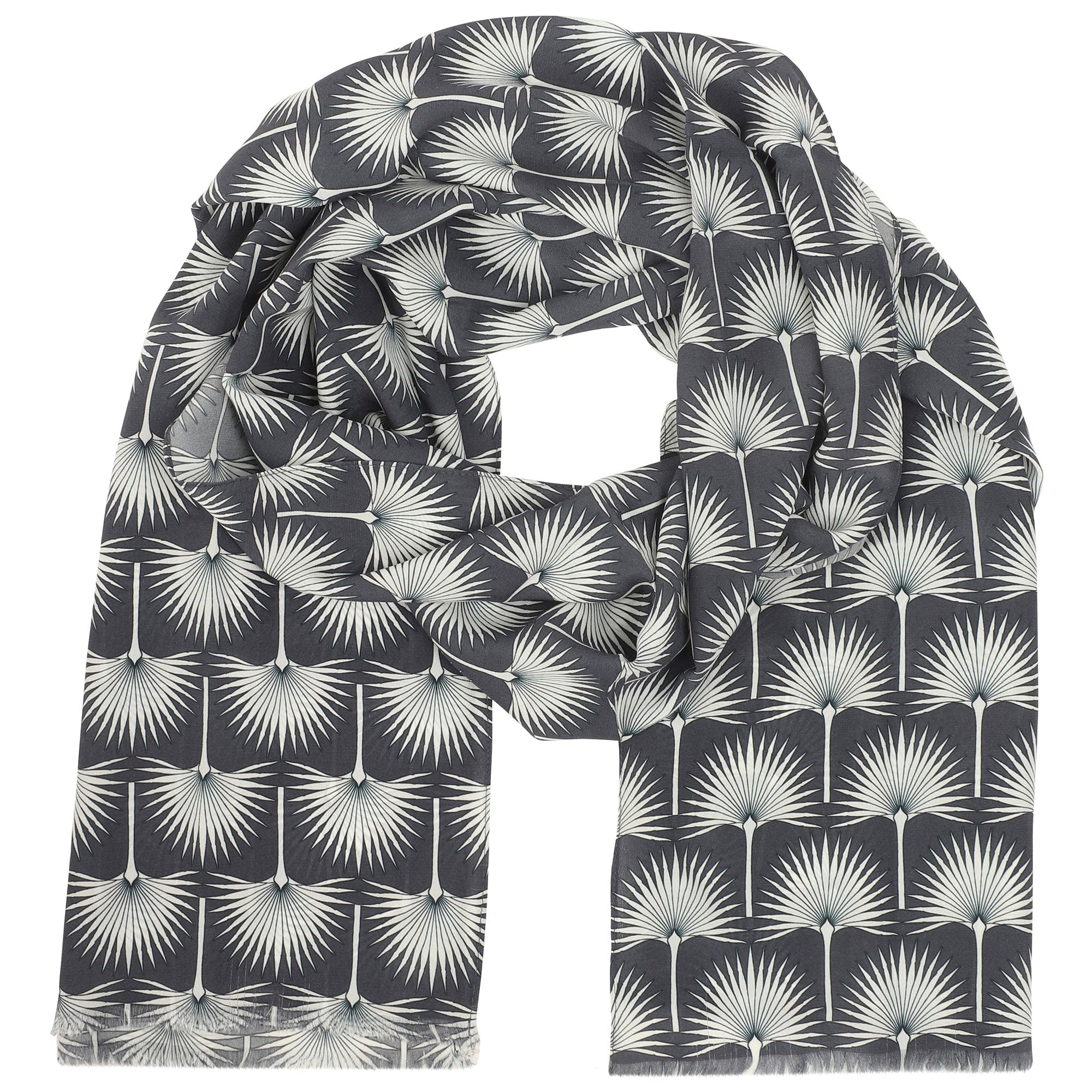 Beautiful long silk scarf in palm leaf print designed by Lotty B Mustique