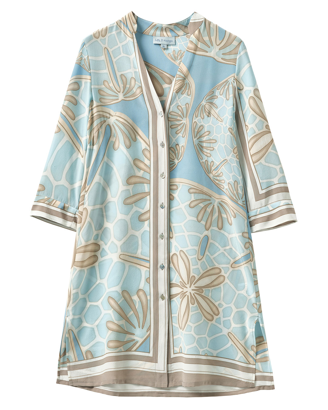 Pure silk buttoned shirt dress in pale blue and taupe Sand Dollar print by designer Lotty B for Pink House