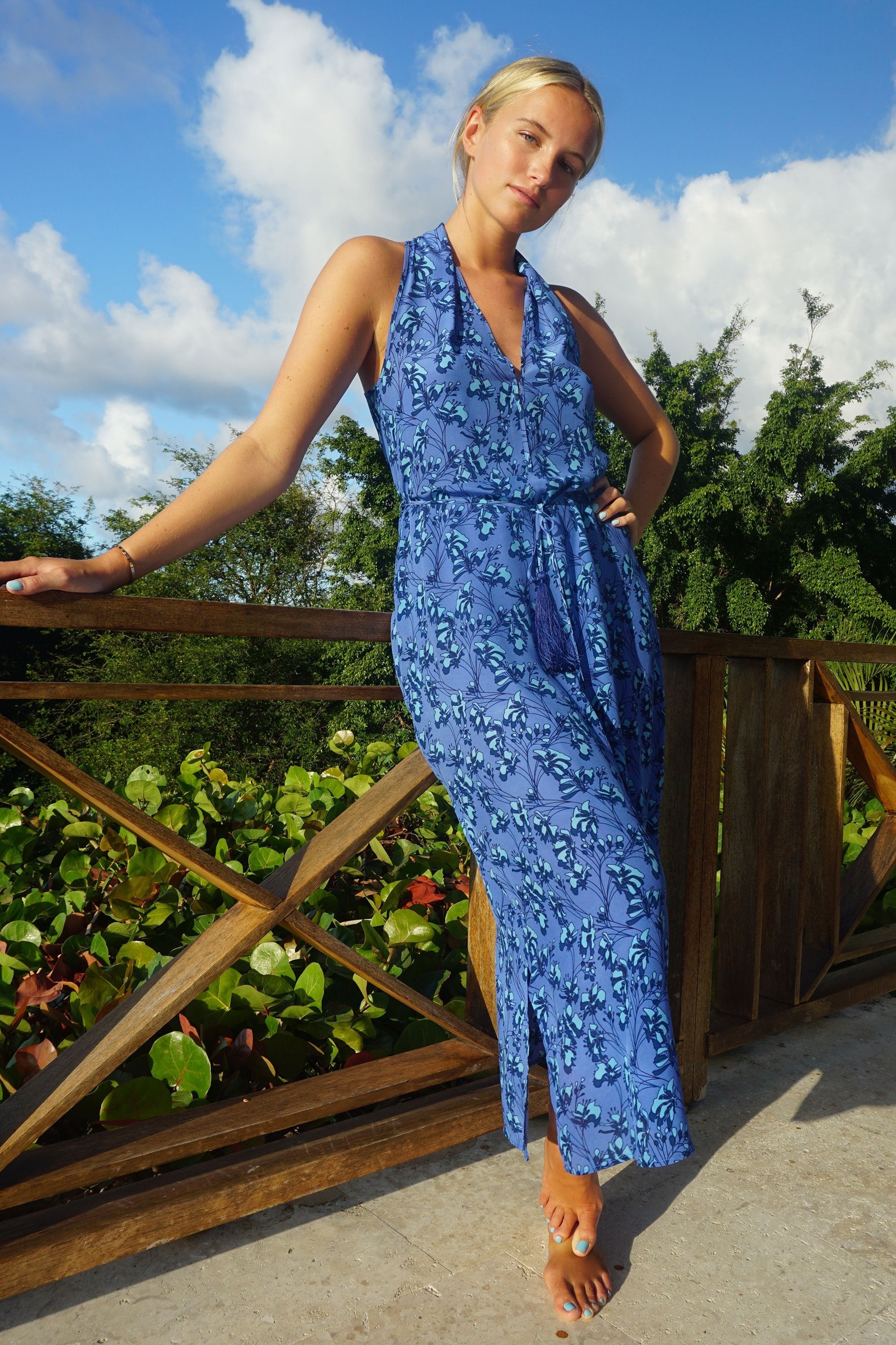 Silk Jemima Dress: FLAMBOYANT FLOWER - BLUE, long halter neck racer back crepe de chine silk dress designer Lotty B Mustique chic resort wear