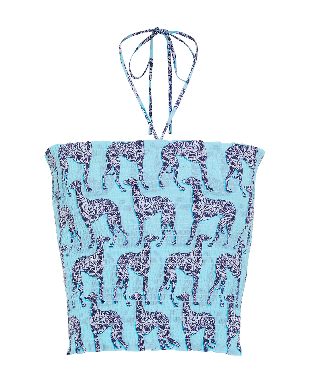Shirred silk bandeau top in Lurcher aubergine & pale blue print by designer Lotty B Mustique