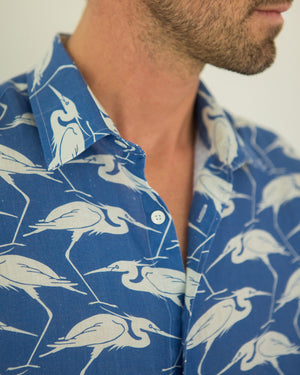 Good quality Men's Linen Shirt Blue Egret print