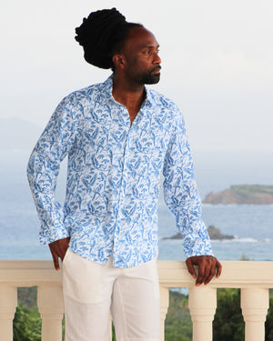 Designer men's linen shirt in blue Parrot print by Lotty B Mustique