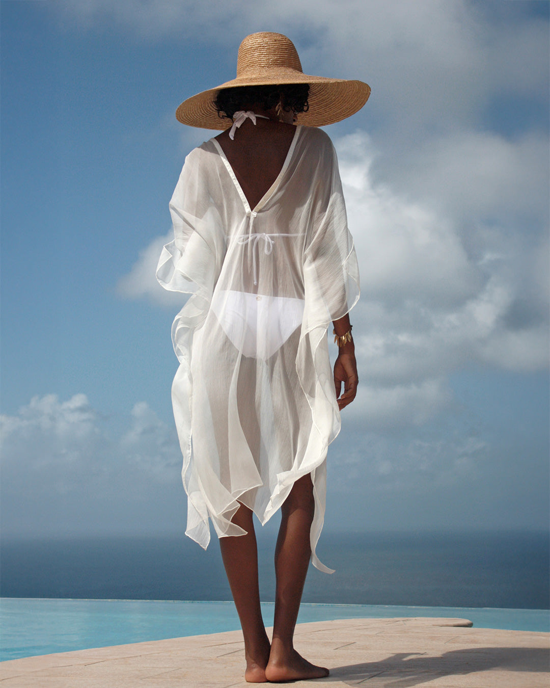 Luxury beach holiday style pure chiffon silk, classic white mid length kaftan