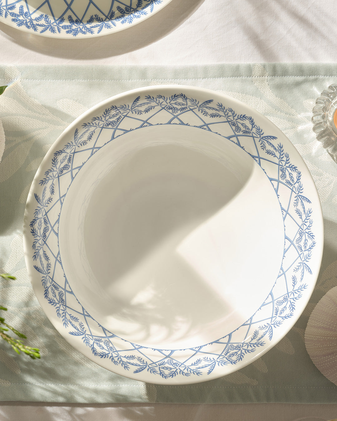 Fine bone china round serving bowl in Palms Azure Blue – elegant handmade porcelain servingware by Pink House Mustique