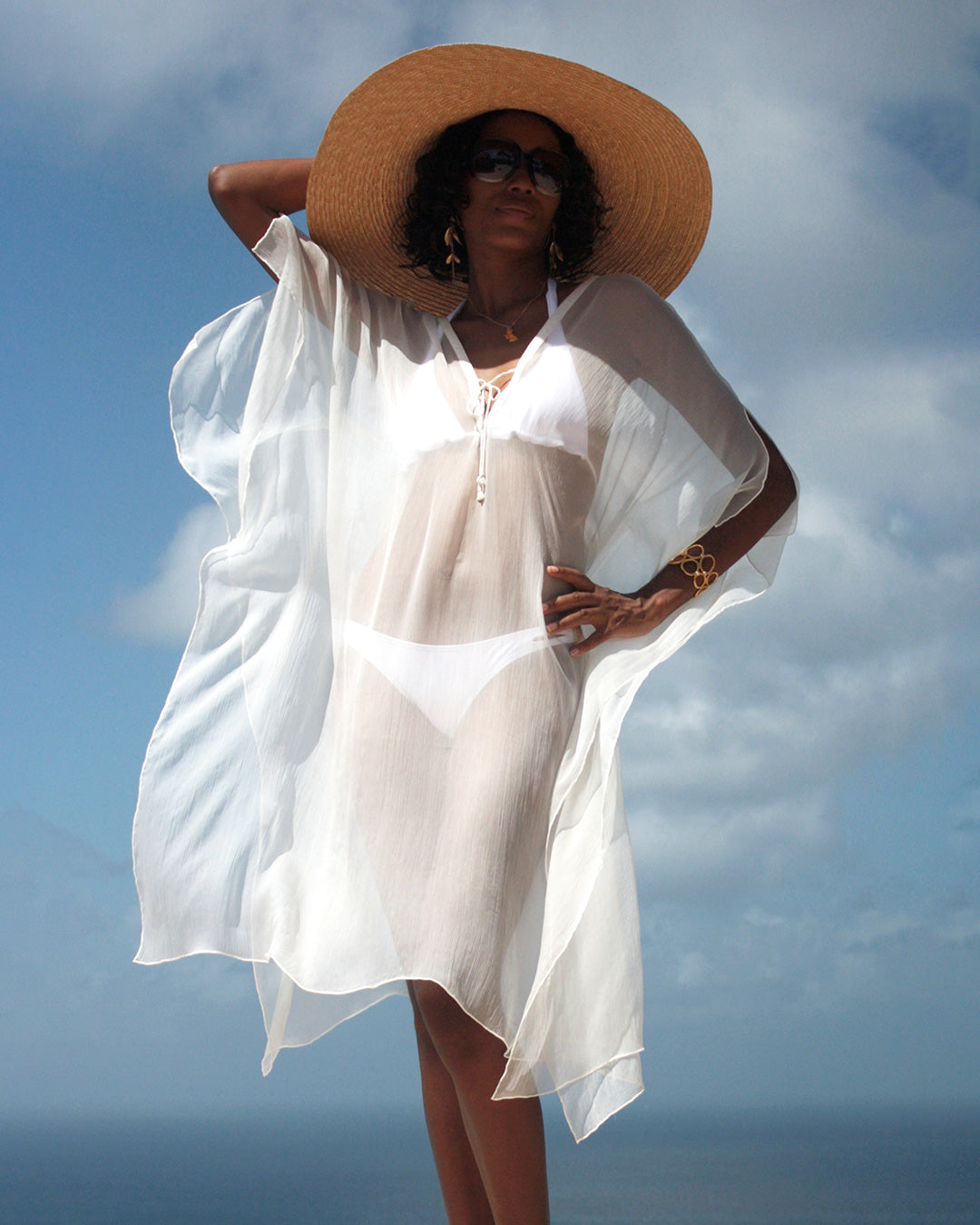 Holiday poolside cover up pure chiffon silk white kaftan by designer Lotty B