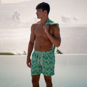 Comfortable stylish mens swim shorts in green and blue floral protea print