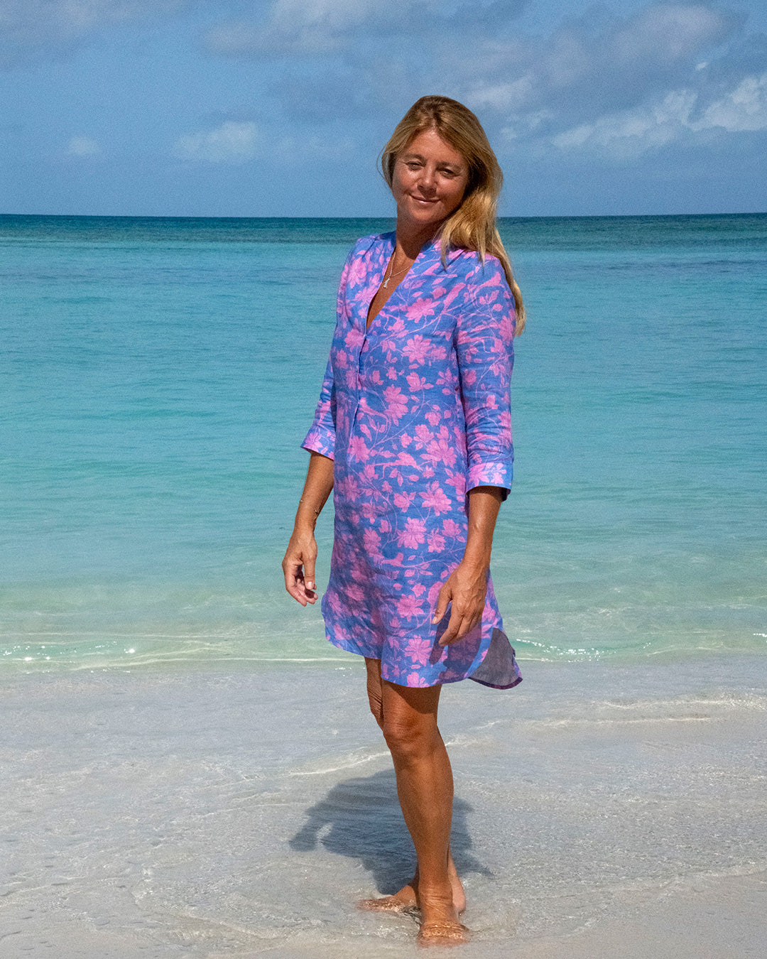 Women’s tropical Iguana Blue and Pink Decima linen dress by Pink House Mustique, perfect island resortwear