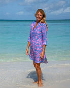Women’s tropical Iguana Blue and Pink Decima linen dress by Pink House Mustique, perfect island resortwear