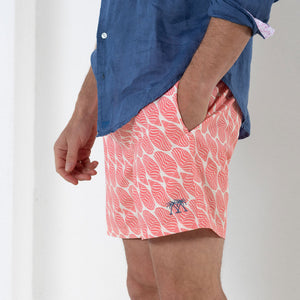 Men's designer swim trunks in coral pink Striped Shell print by designer Lotty B