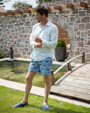 Vacation villa style mens linen shirt in Monkey & Palm pale blue & green print by designer Lotty B