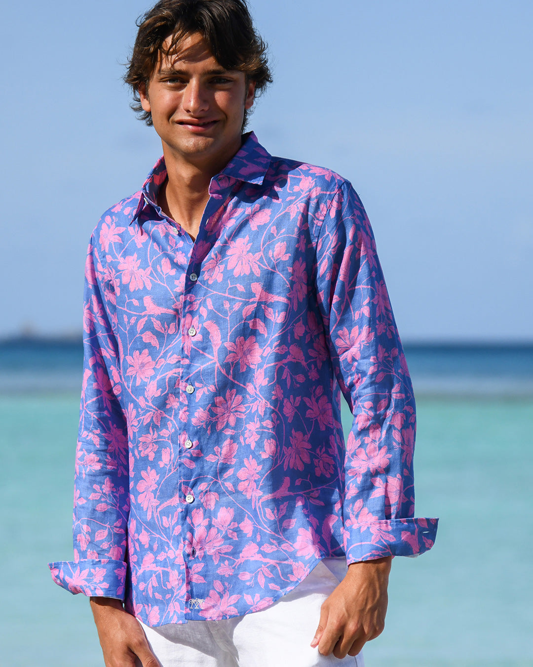 Luxury men’s Iguana Blue & Pink linen shirt with mother of pearl buttons and casual European fit.