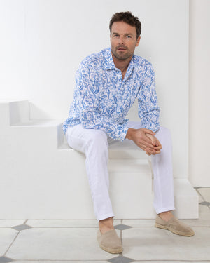 Men's luxury linen shirt in blue Parrot print by designer Lotty B Mustique