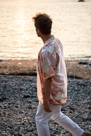 Luxury Men's fashion gold and pink sea life silk shirt created from vintage silk charmeuse scarf, by designer Lotty B Mustique