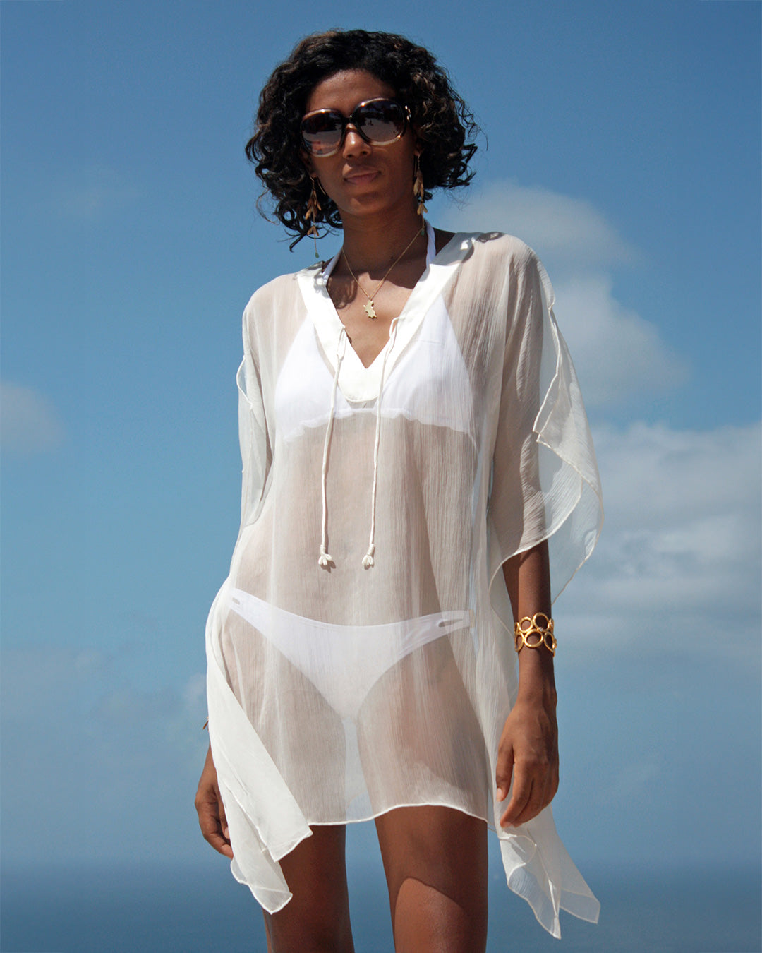 Plain white silk chiffon short kaftan with square hem by Lotty B Mustique – sheer beach cover-up