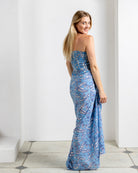 Side view of designer silk bandeau top and matching Parrot Blue sarong – luxury beachwear set