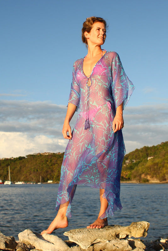 Luxury silk kaftan style, Ellie violet & turquiose blue Protea print by Lotty B Mustique