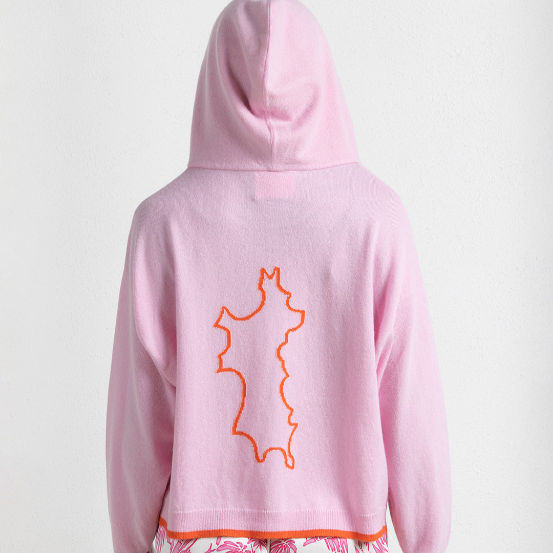 Pink hoodie with orange mustique island design on a white background