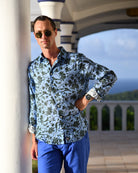 Men’s blue and spruce Iguana print linen shirt by Pink House Mustique, elegant island resortwear style.
