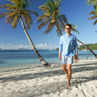 Mens quick dry swim trunks : PALM STRIPE - NAVY Britannia Bay Mustique