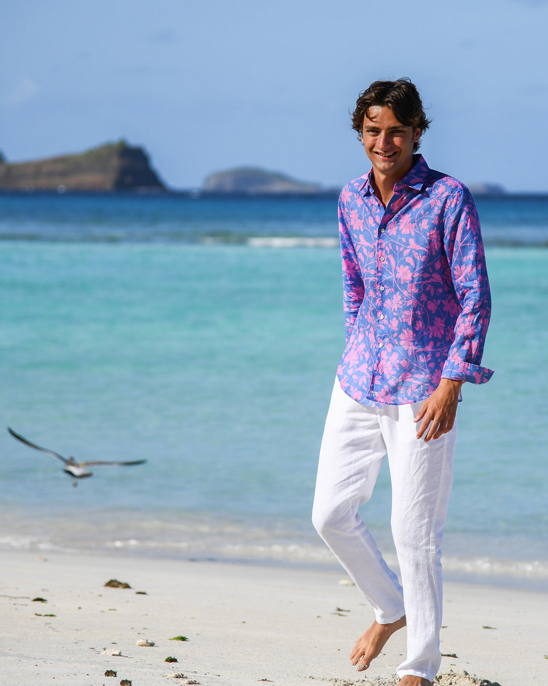 Men’s designer Iguana Blue & Pink linen shirt — soft pre-washed fabric, comfortable fit and superior quality cut.