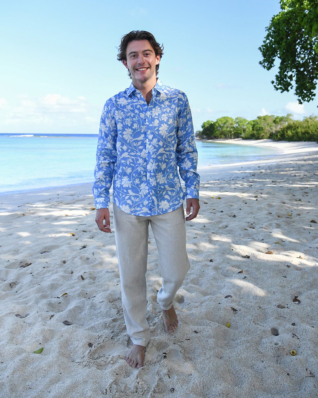Men’s Iguana Blue linen shirt — casual European fit with mother of pearl buttons, perfect for island resort style.