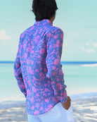 Vibrant men’s Iguana Blue & Pink linen shirt, pre-softened lightweight linen with lasting colour and fine tailoring.
