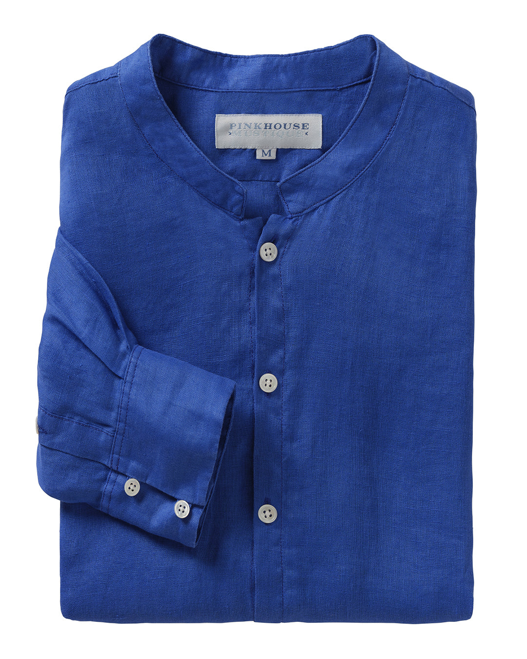 Mens linen collarless shirt in dazzling blue with grandad Nehru collar and buttoned cuffs, lightweight summer style