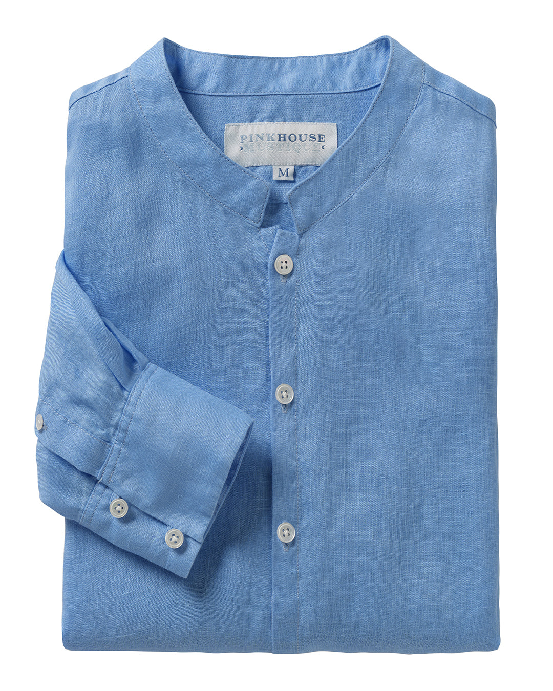 Mens linen collarless shirt in French blue with grandad Nehru collar and buttoned cuffs, breathable summer shirt