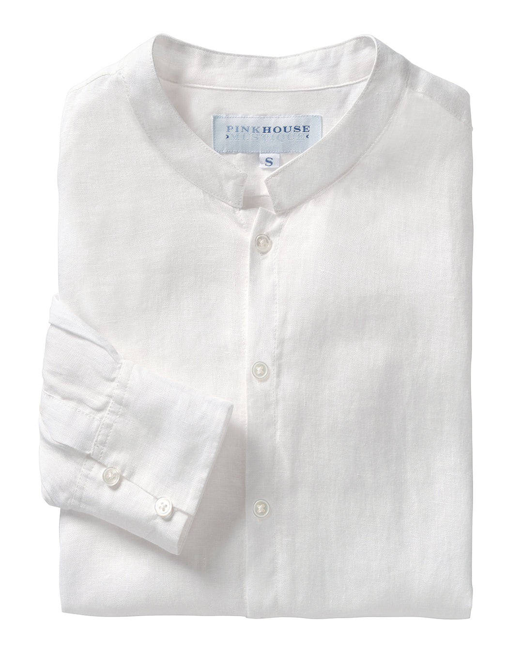 Mens white linen collarless shirt with grandad Nehru collar and buttoned cuffs, breathable smart summer shirt