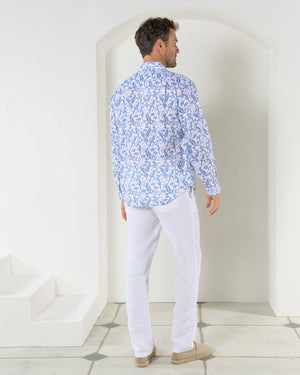 Slim fit men's luxury linen shirt in blue Parrot print by designer Lotty B Mustique