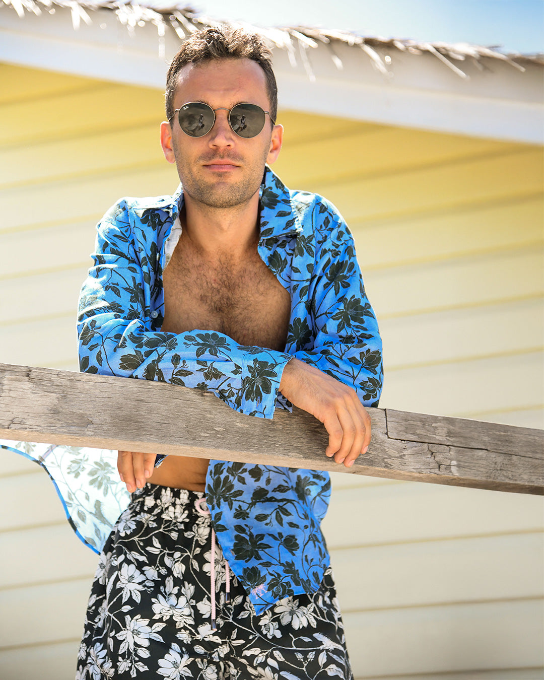 Men’s Iguana Blue & Spruce linen shirt — relaxed island resort look at Basil’s Bar Mustique.