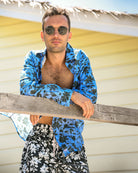 Men’s Iguana Blue & Spruce linen shirt — relaxed island resort look at Basil’s Bar Mustique.