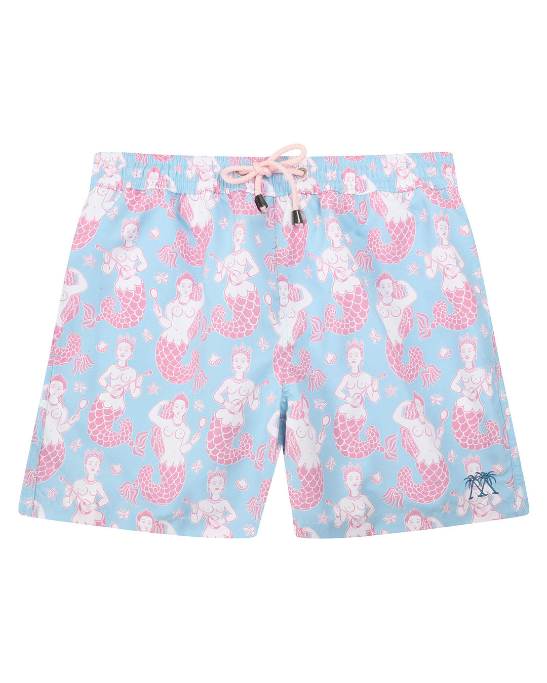 Pink House Mustique Mermaid Pink Blue men's swim shorts featuring the Oliver Messel inspired Mermaid print