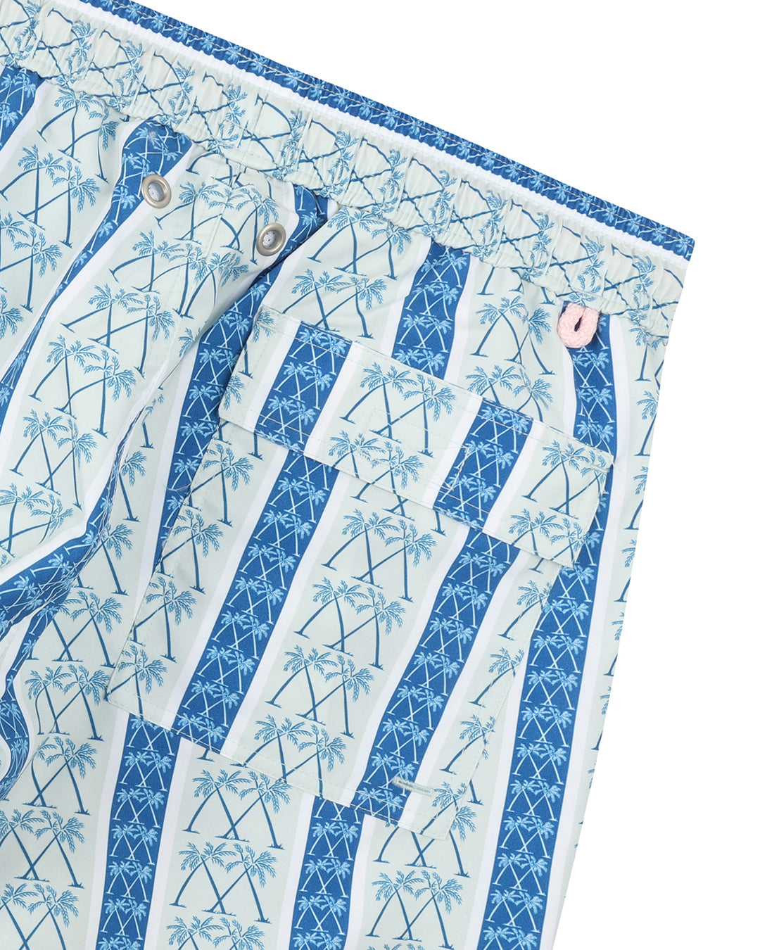 Mens palm stripe swim shorts blue white back pocket detail quick dry designer swimwear