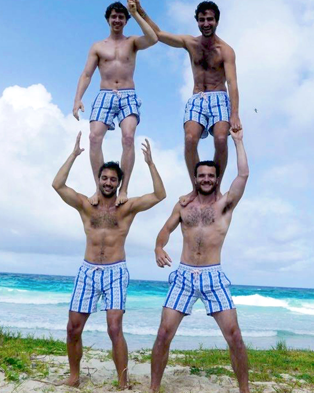 Mens palm stripe swim shorts blue friends beach fun quick dry summer holiday style