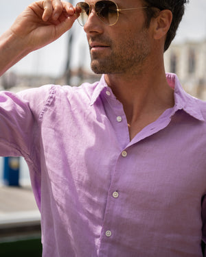 Exceptional quality menswear plain lilac linen shirt
