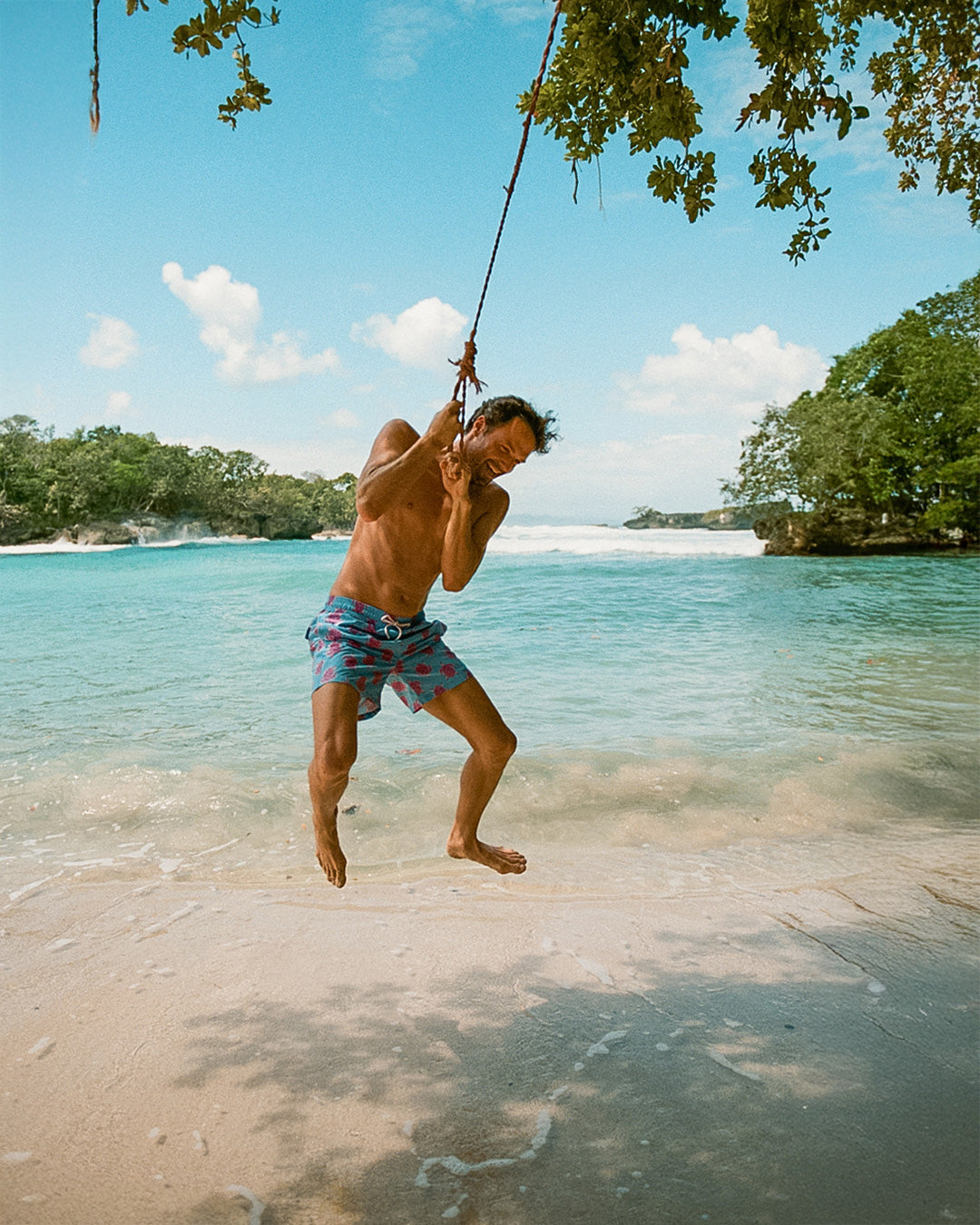 Mens turtle swim shorts pink blue rope swing tropical beach quick dry sustainable summer style