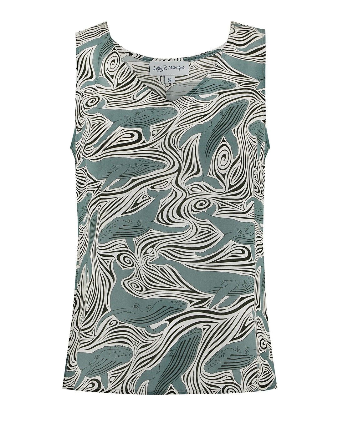 Bed-to-beach sleeveless pure silk top in monochrome grey-green Whale print by designer Lotty B for Pink House