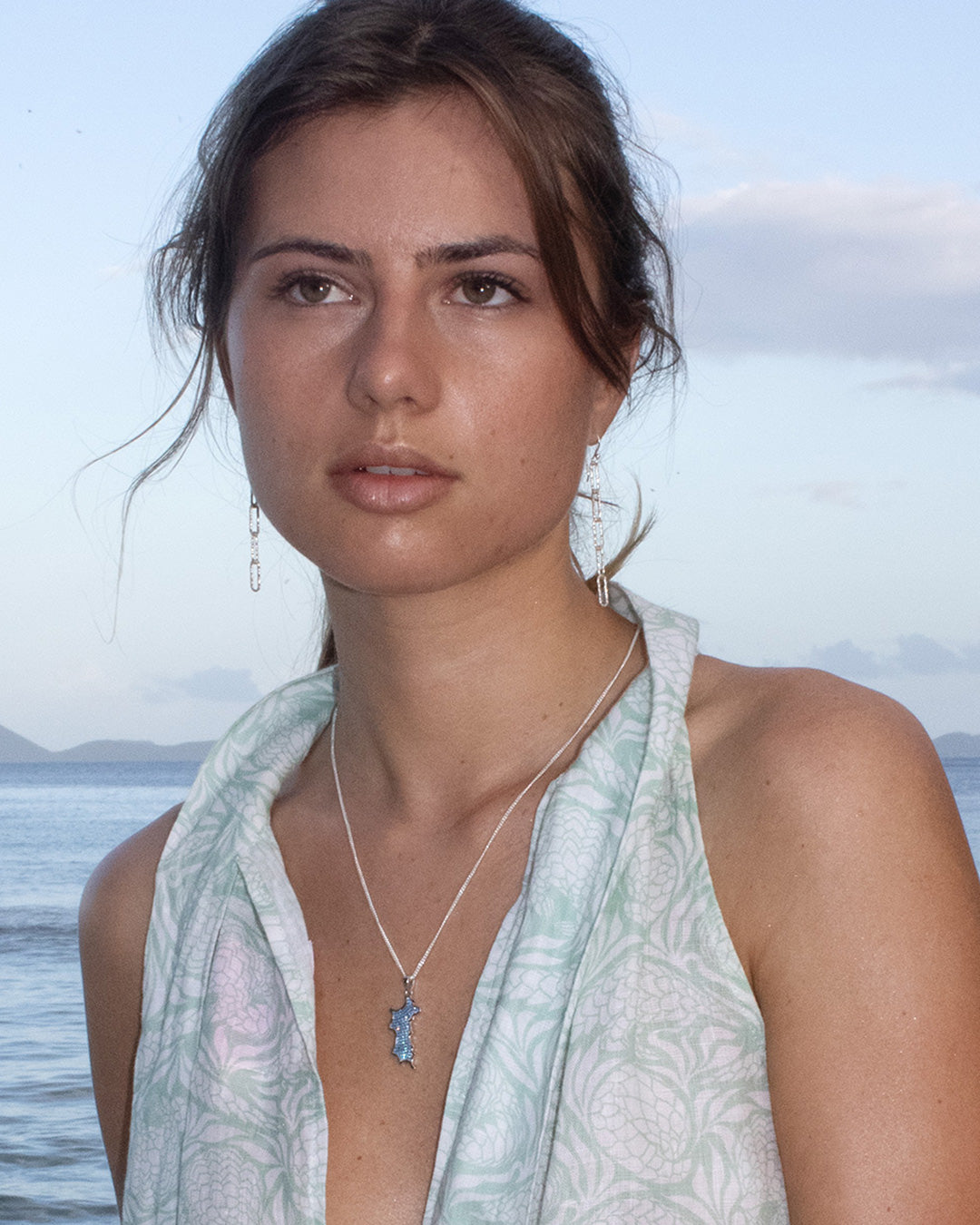 Sterling silver Mustique island pendant necklace with blue zirconia crystals beach portrait jewellery Made in England
