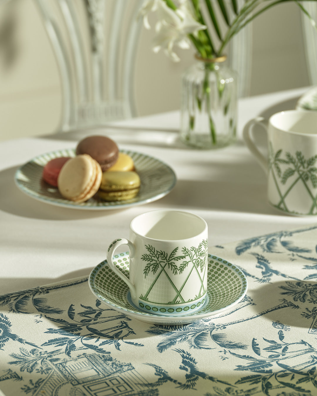 Fine bone china espresso cup and saucer in Palms Sage Green design, handmade in England by Pink House Mustique.