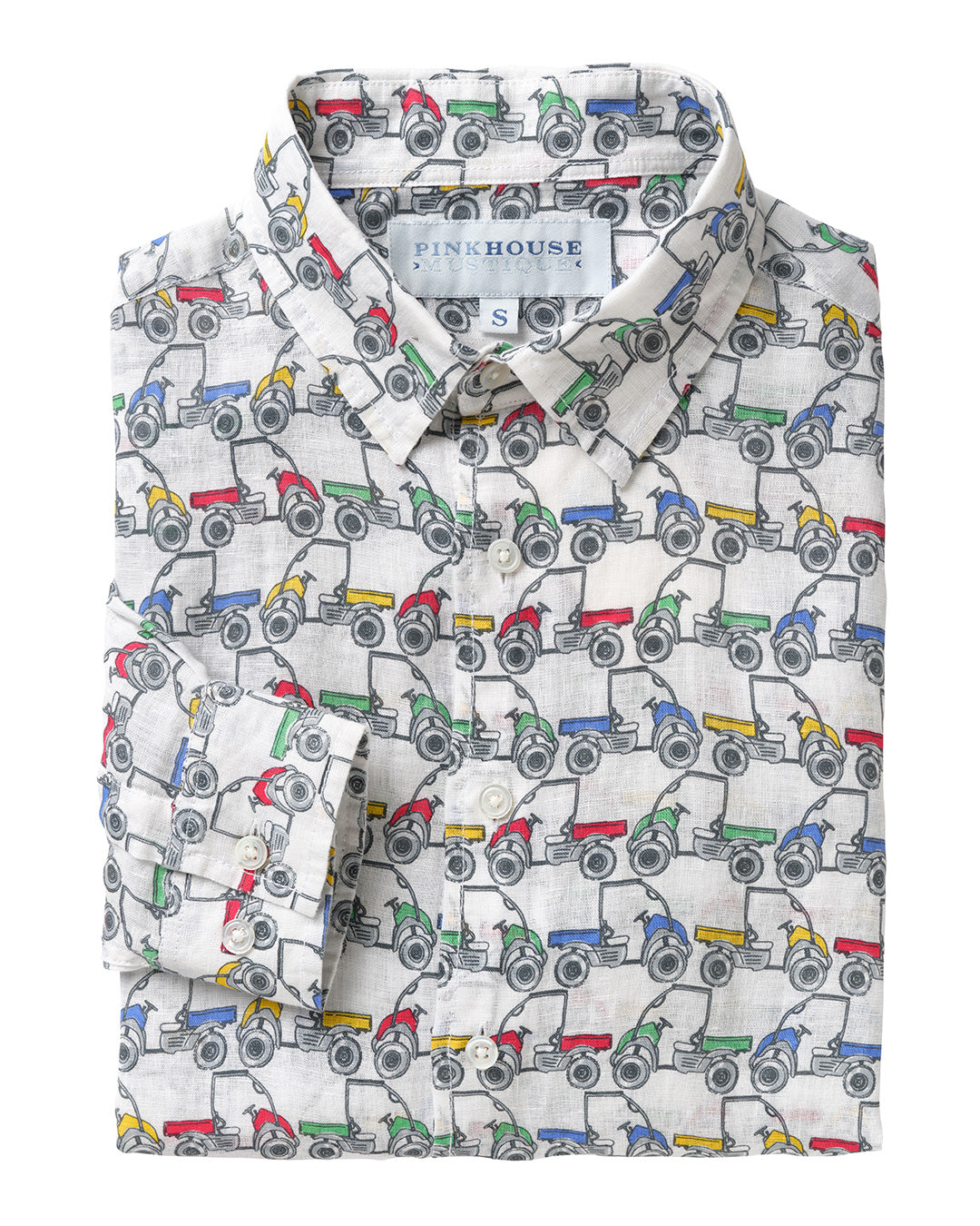 Men’s Mustique Mule print linen shirt with multicoloured Mustique beach buggies